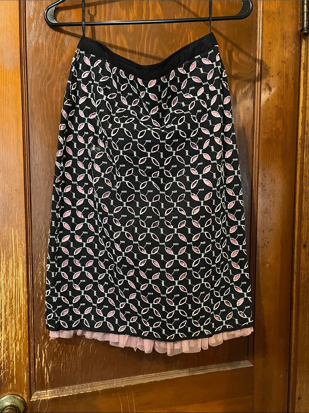 Persaman New York Black Midi Skirt with Pink and White Floral Overlay